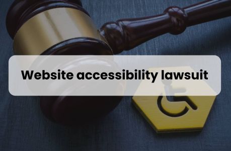Cover image for a blog post: Website accessibility lawsuit : Prevention strategies for ecommerce businesses. The image features a judge's gavel and a sign with the words "Website accessibility lawsuit," next to a symbol for wheelchair access. It suggests a legal issue related to the accessibility of a website for individuals with disabilities.