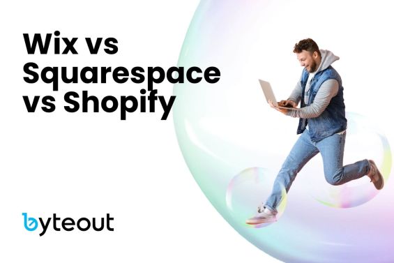 Blog cover image for "Wix vs Squarespace vs Shopify". It shows a casually dressed man holding a laptop and leaping joyfully. The Byteout logo is in the bottom left corner.