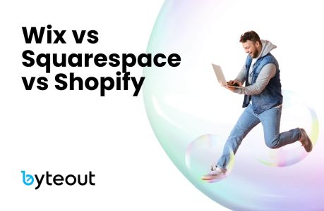 Blog cover image for "Wix vs Squarespace vs Shopify". It shows a casually dressed man holding a laptop and leaping joyfully. The Byteout logo is in the bottom left corner.