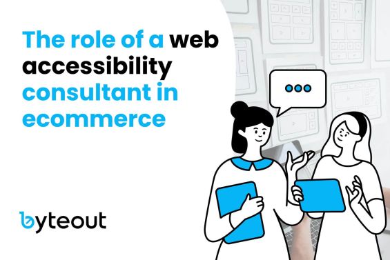 Cover image for a blog post: The role of a web accessibility consultant in ecommerce. The image is with an illustration of two women discussing with laptops in hands.