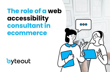 Cover image for a blog post: The role of a web accessibility consultant in ecommerce. The image is with an illustration of two women discussing with laptops in hands.