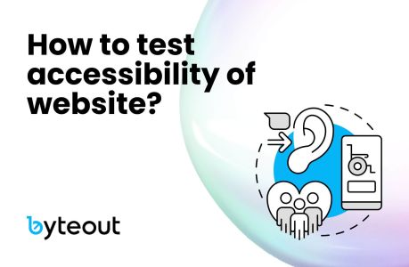Blog cover image illustrating the concept of website accessibility testing, featuring icons of an ear, a speech bubble, a group of people, and a wheelchair-accessible mobile device, with the text 'How to test accessibility of website?' and the Byteout logo.