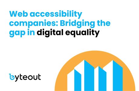 Cover image for a blog post: Web Accessibility Companies: Bridging the Gap in Digital Equality. In the bottom left corner there is the Byteout logo followed by an illustration of companies.