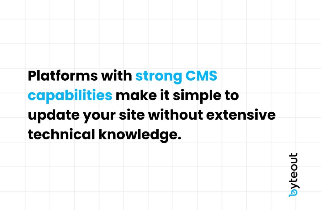 White grid background with the Byteout logo at the bottom right with text overlay 'Platforms with strong CMS capabilities make it simple to update your site without extensive technical knowledge'.