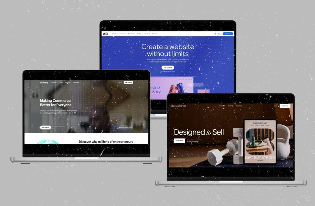 Three laptop screens displaying the homepages of Wix, Squarespace, and Shopify.