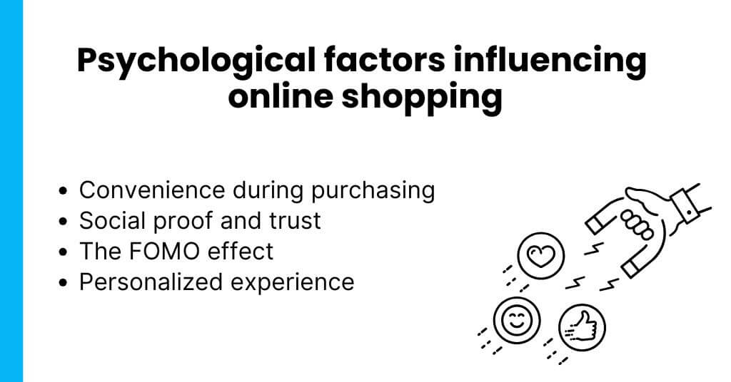 Psychological factors influencing online shopping listed as convenience during purchasing, social proof and trust, FOMO effect and personalized experience followed by illustration of a magnet attracting customers.